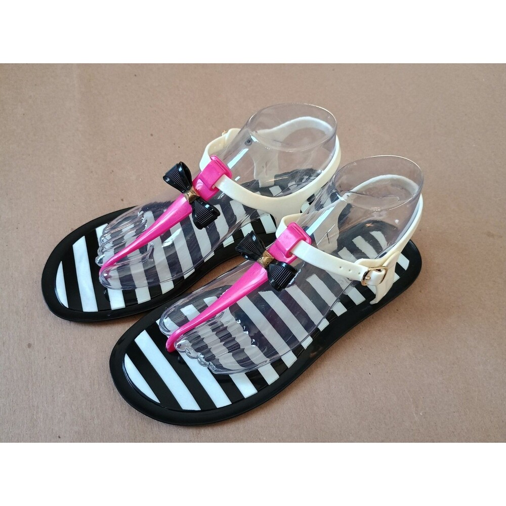 Kate Spade NY Sandal Women's Sz 10 Kendall Black and White Stripe Jelly Pink Bow